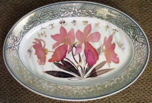 Pink Orchids with 2 Dragonflies, Art Deco/Gold Border, 15x10 Oval	Plate, 1972